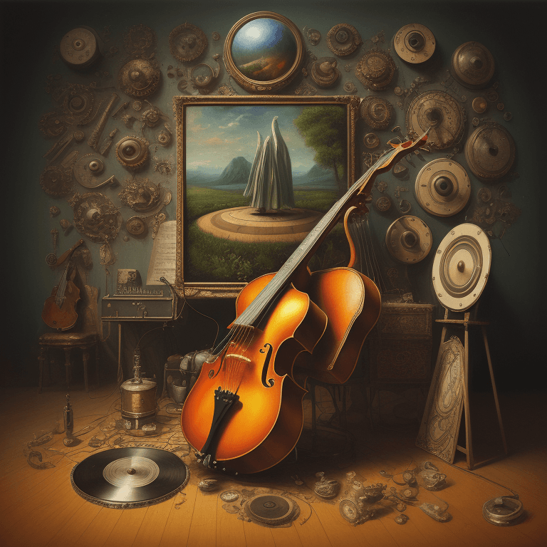 AI generated: music Album cover picture, surreal art, oil picture, music instruments, 