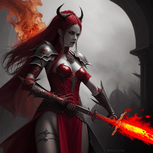 AI generated: Queen of Hell. A fantasy female warrior wearing a red demonic costume and wielding a flaming sword.