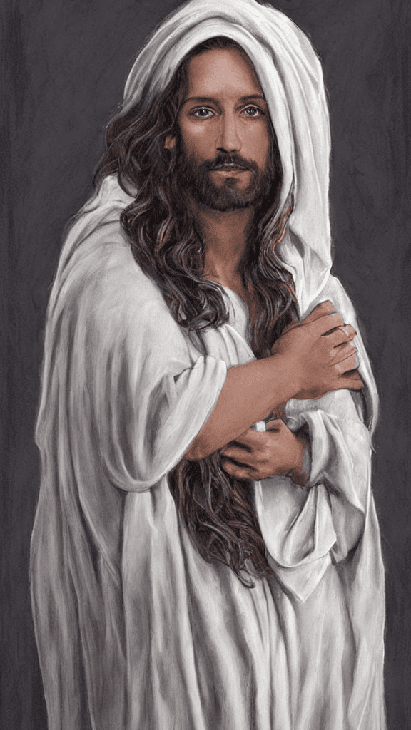 AI generated: full portrait of a gorgeous Jesus looking straight, scarf behind head, large hair, professional digi...