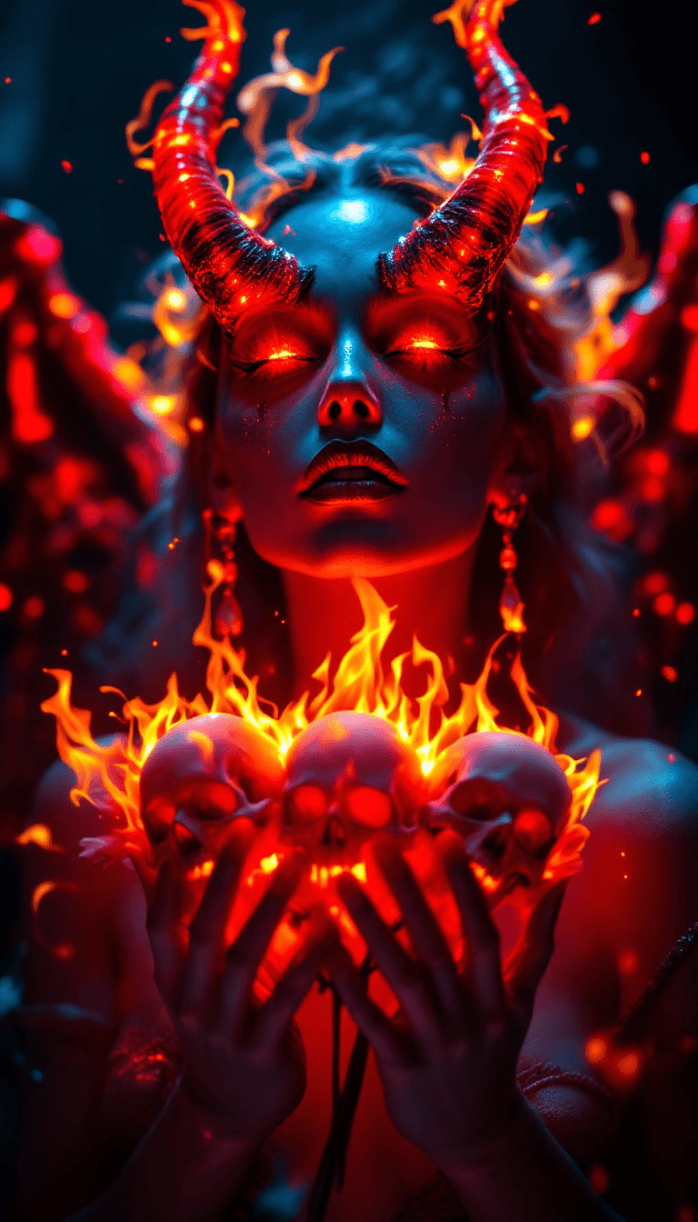 AI generated: Glowing radioactivity,a  scene in heaven,macroview of an evil woman with red horns on head ,holding ...