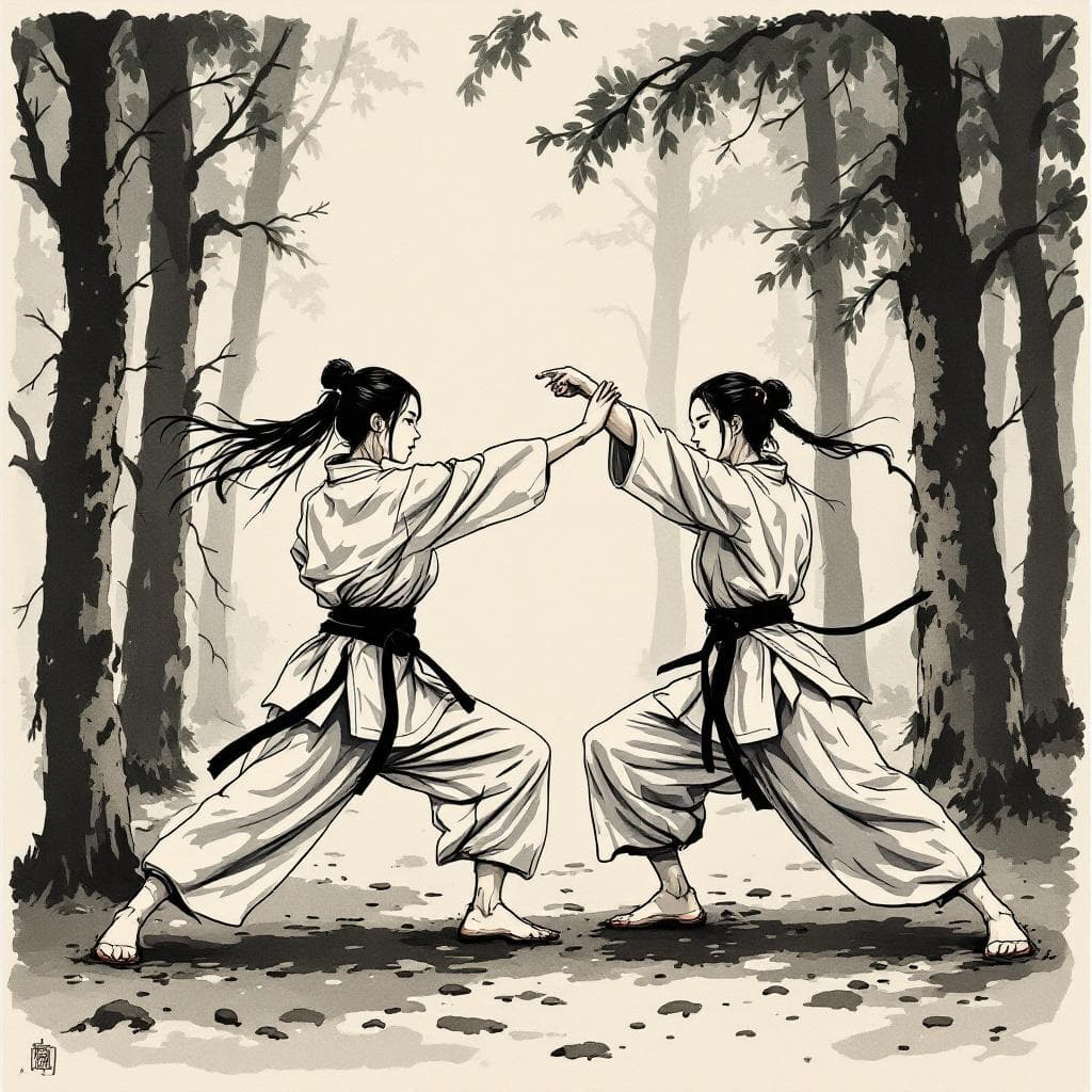 AI generated: two Japanese women karate fighting in a forest, in the style of traditional Japanese ink painting, t...