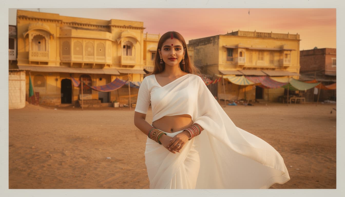 AI generated: Jennifer Connelly, biting her lip, 18-21 years old, brown hair, Indian hair style, saree,, inhaled c...