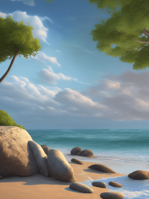 AI generated: photorealistic oil on canvas, small clouds, beach, trees, rocks, beautiful setting, early evening, w...