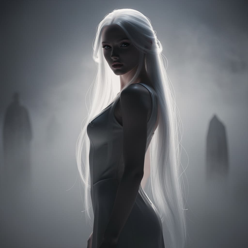 AI generated: girl, 18, ((delicate frame)), pale skin, ((hourglass)), wisps of light gray and white smoke covers h...