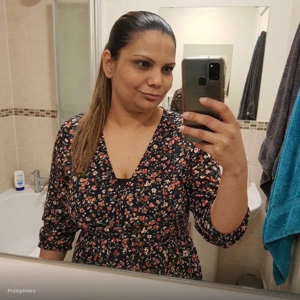 AI generated: Taking a mirror bathroom selfie, realistic snapshot, , wearing a dress, ponytail hairstyle, no smile...