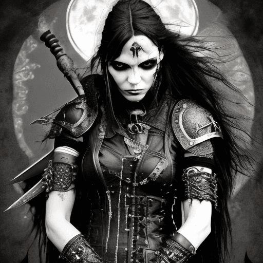 AI generated: Grunge style, stylish female, (a formidable heroine:1.3) , (gothic fantasy:1.25) , (warrior biker:1....