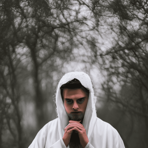 AI generated: Strong male, green eyes, short silver hair, white robe, fov, f/1.8, masterpiece, (veil, mouth veil),...