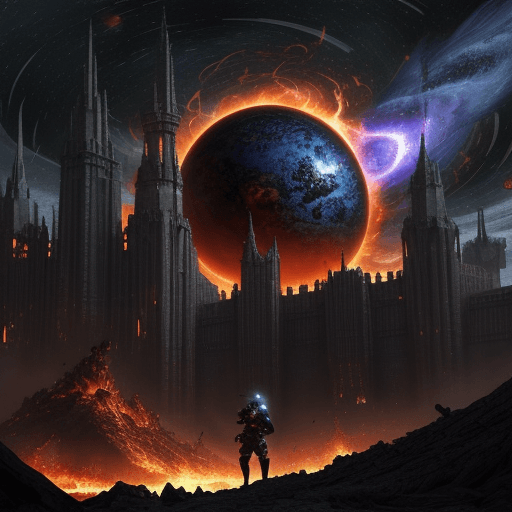 AI generated: a chaotic universe in the background and in front a techno-medieval planet of fire