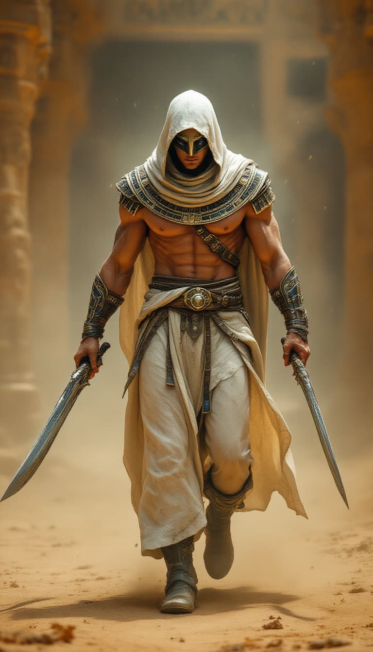 AI generated: A powerful fantasy warrior walking through the desert, wearing ancient Egyptian-inspired armor with ...
