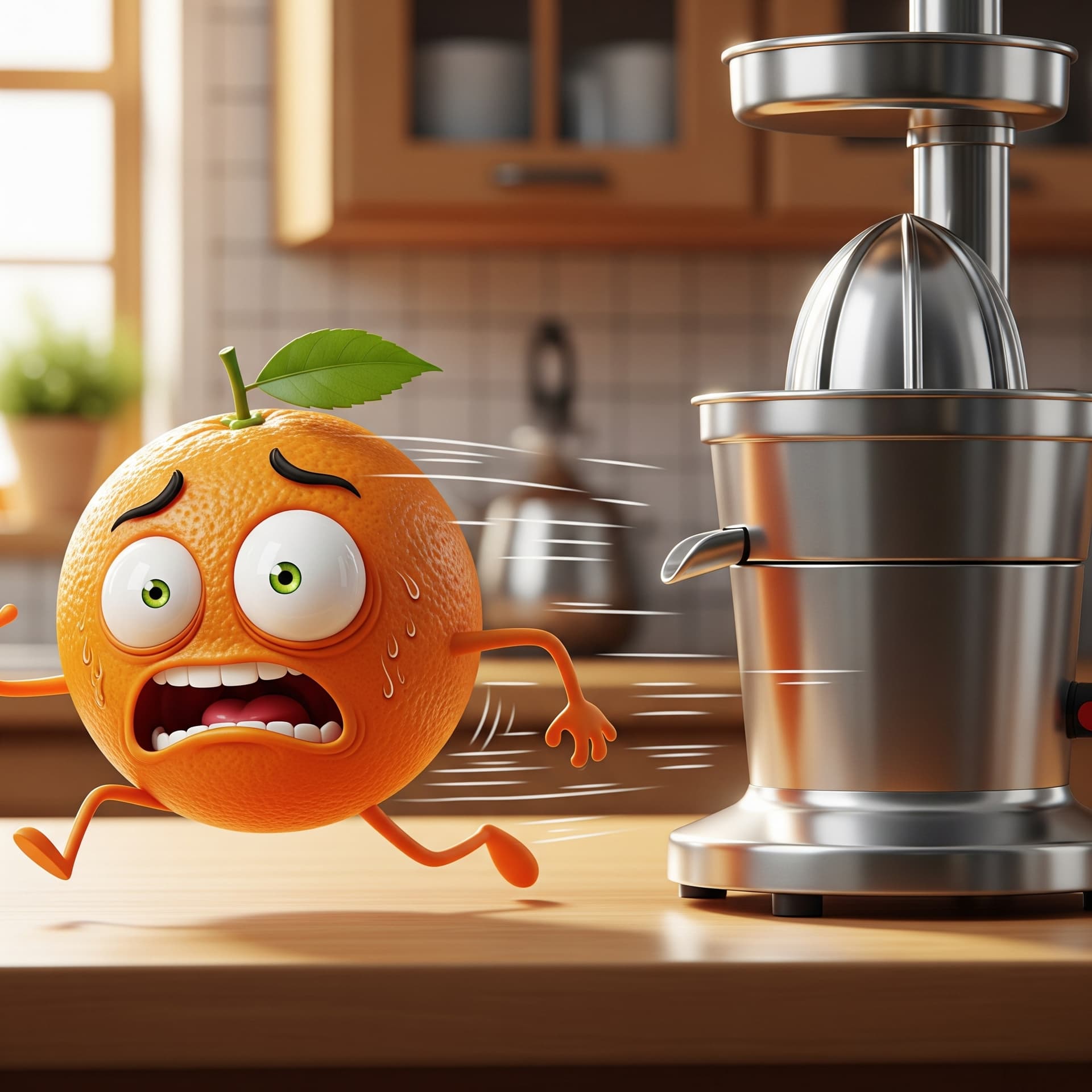 AI generated: A cartoon orange, with a wide-eyed, terrified facial expression, is depicted in the midst of a frant...