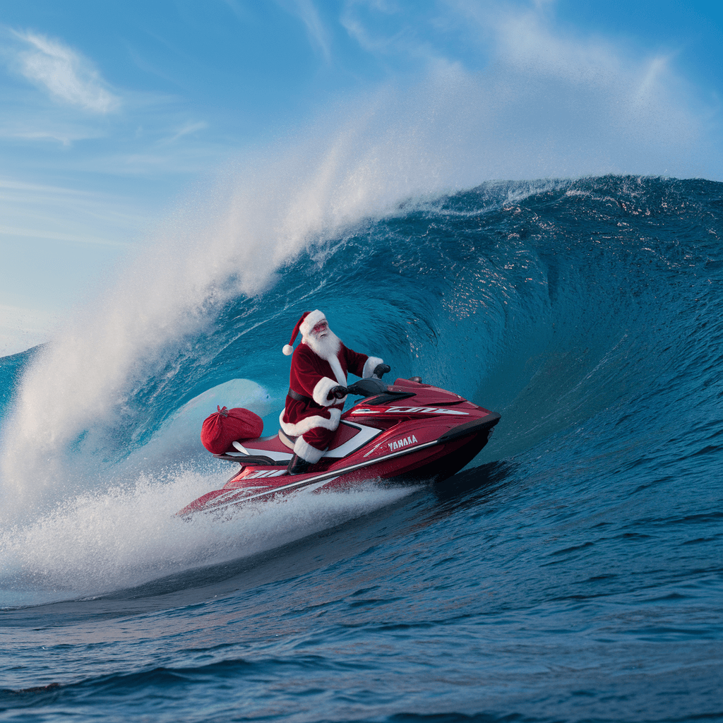 AI generated: Create a realistic scene of Santa Claus riding a Yamaha Waverunner jet ski on a massive wave, as if ...