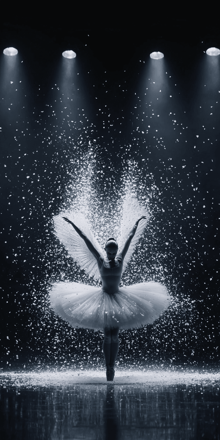 AI generated: A beautiful ballerina in a white tutu stands on stage, surrounded by water droplets, with a dark bac...
