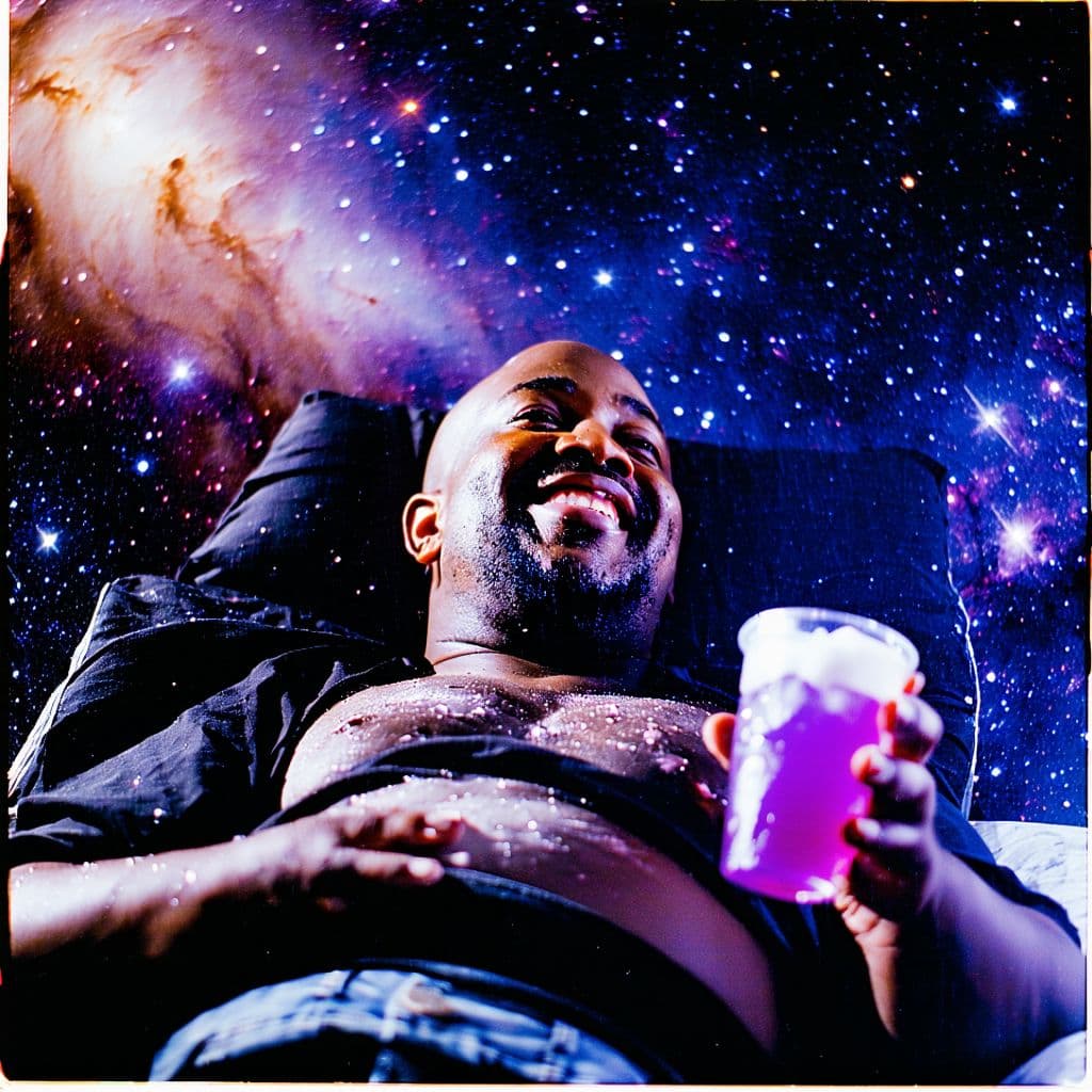 AI generated: grainy 80's photograph quality polaroid of big fat bald elated black man floating in space with a pu...