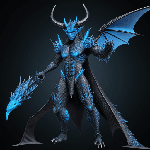 AI generated: A black draconic humanoid with blue highlighted scales, with scales, sharp fangs, very detailed face...