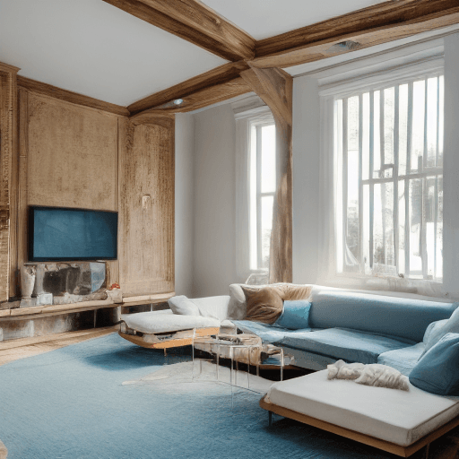 AI generated: High resolution photography interior design, dreamy sunken living room conversation pit, wooden floo...