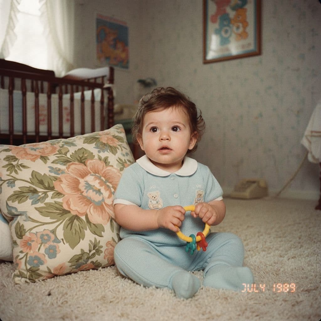 AI generated: make 6 months old baby picture from 1989, brown eyes, brown hair.
