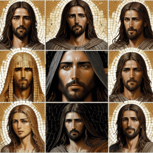 AI generated: a collage of jesus of nazareth faces in mosaic, in the style of andrew atroshenko, peter gric --ar 7...