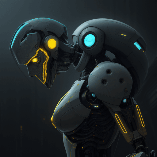 AI generated: rendering, side shot, falf-strange body with complex system equipment with hyper detail robot, gaze,...
