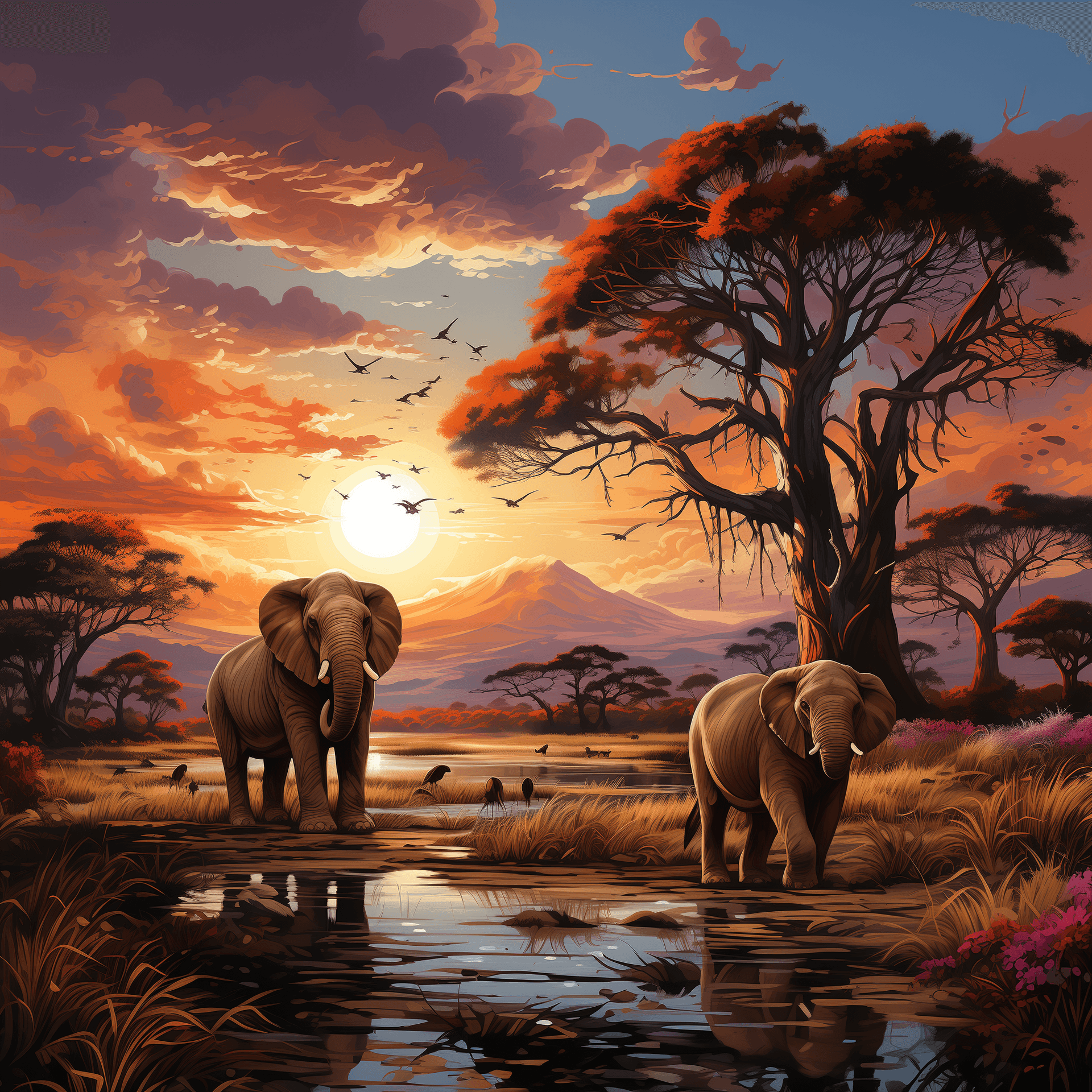 AI generated: Vivid wildlife scene, showcasing a diverse array of animals in their natural habitat. Center on a ma...