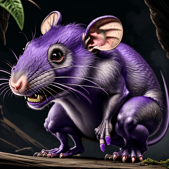 AI generated: front view of a prehistoric, wild, ugly, scary, giant violet rat, 8k