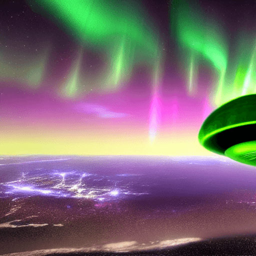 AI generated: 3d render, disco ufo, aurora in background, hyper realistic