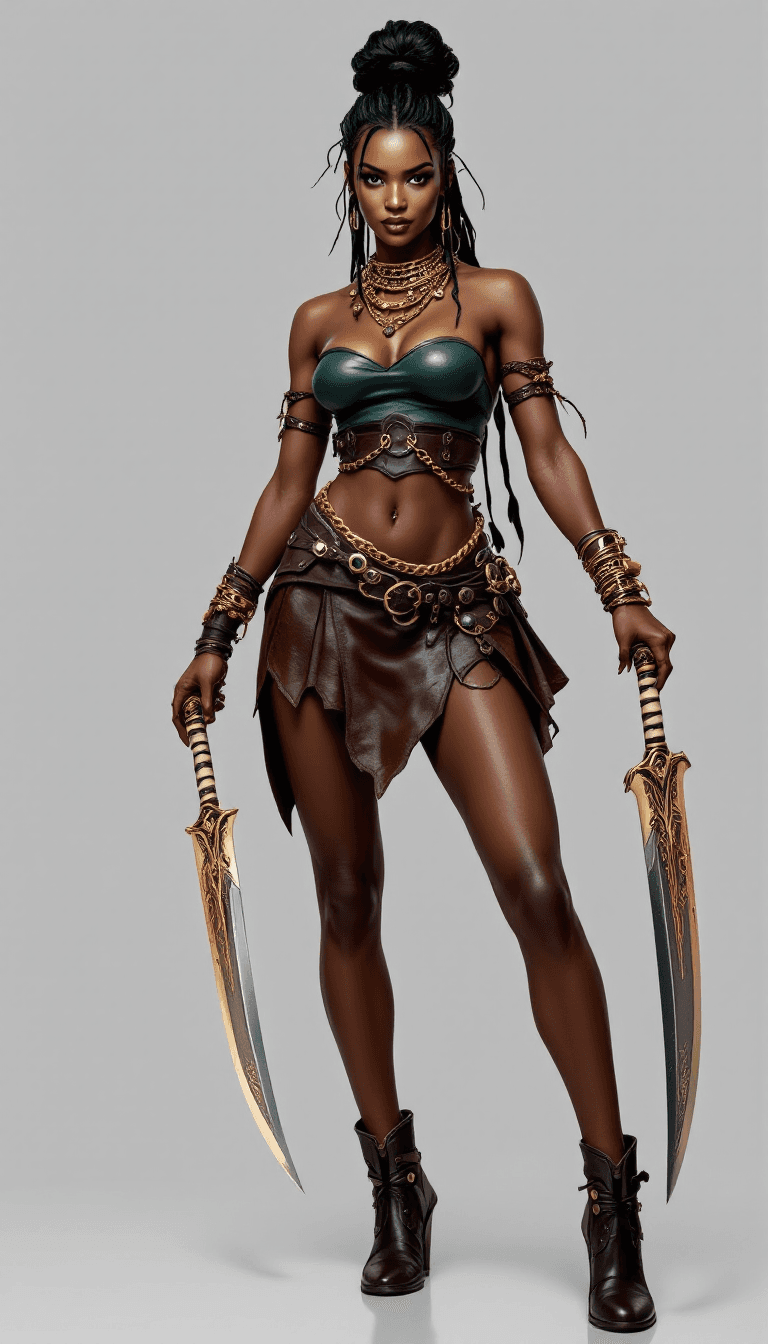 AI generated:  A highly detailed CGI or photo artwork featuring a slender, dark-skinned woman with a confident, dy...