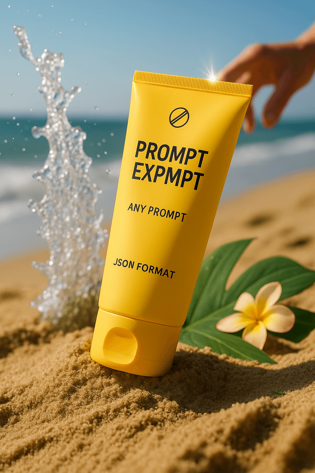 AI generated: {
  "scene": "Product Photography - Sunscreen on Beach",
  "subject": {
    "type": "sunscreen tu...