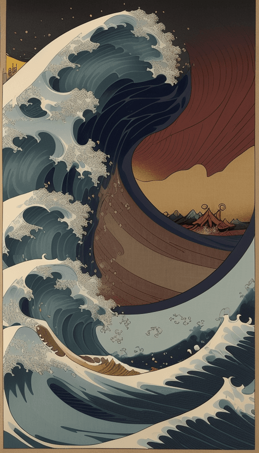 AI generated: Katsushika Hokusai's Japanese depiction of a very turbulent sea with massive waves. The background s...