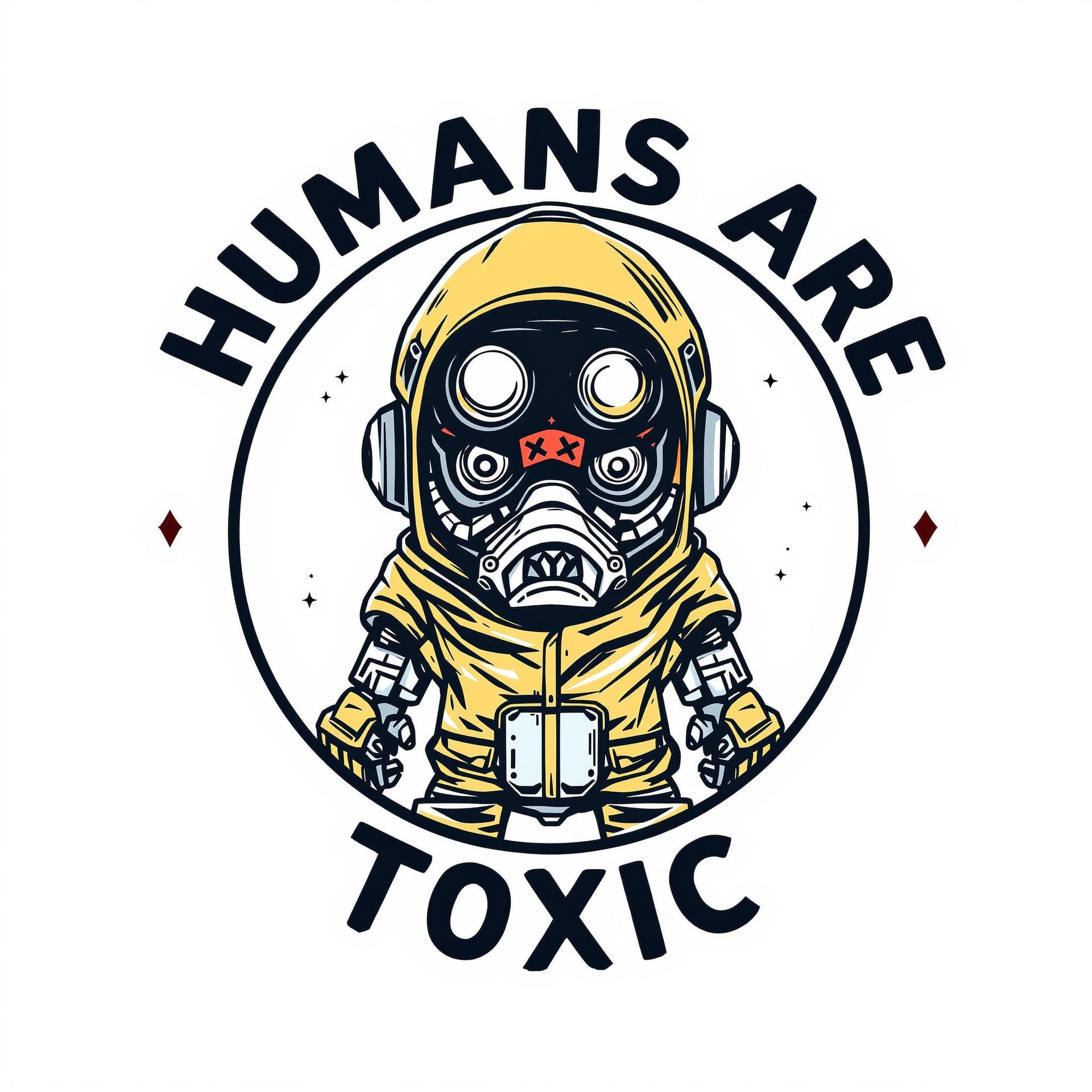 AI generated: a logo of a crazed yet fun loving Robot in a hazmat suit, in the center of a circle, with the words ...