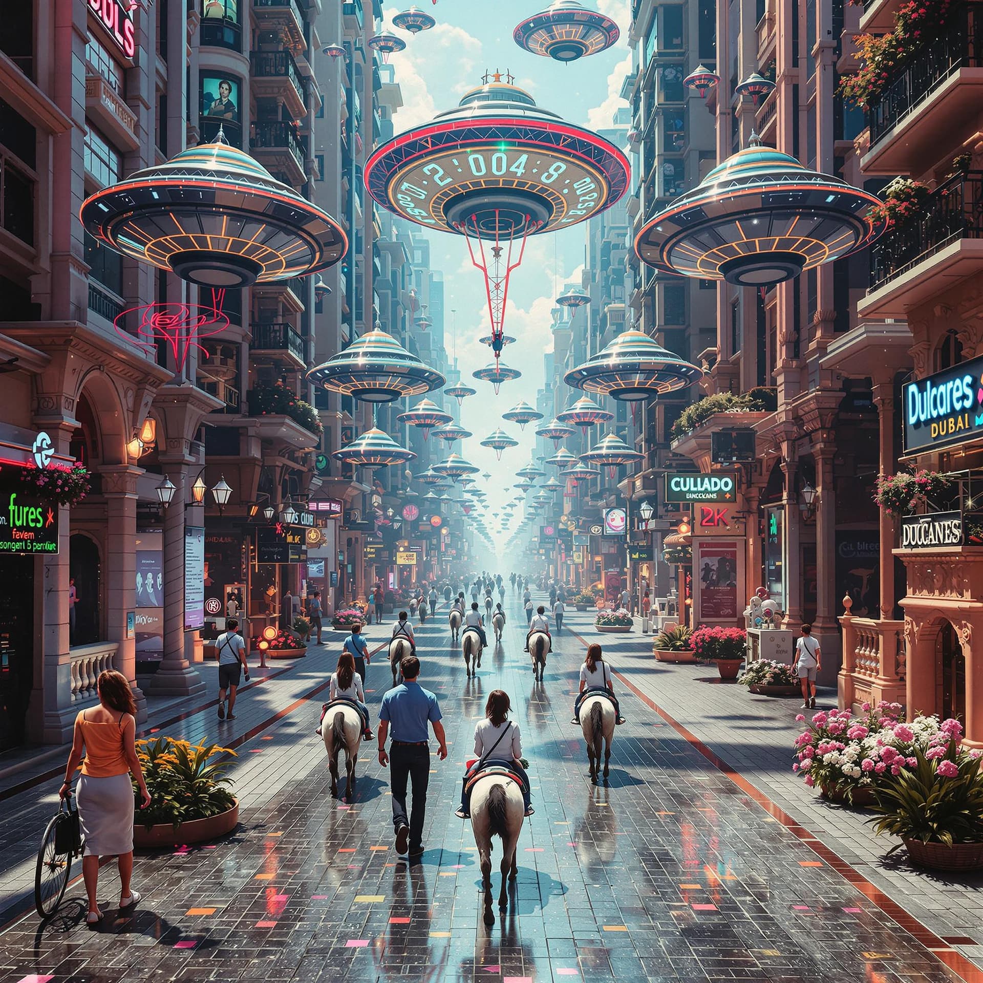 AI generated:  Psychedelic, surreal, High resolution photography, Dubai, 2004 years from now. flying saucers, ever...
