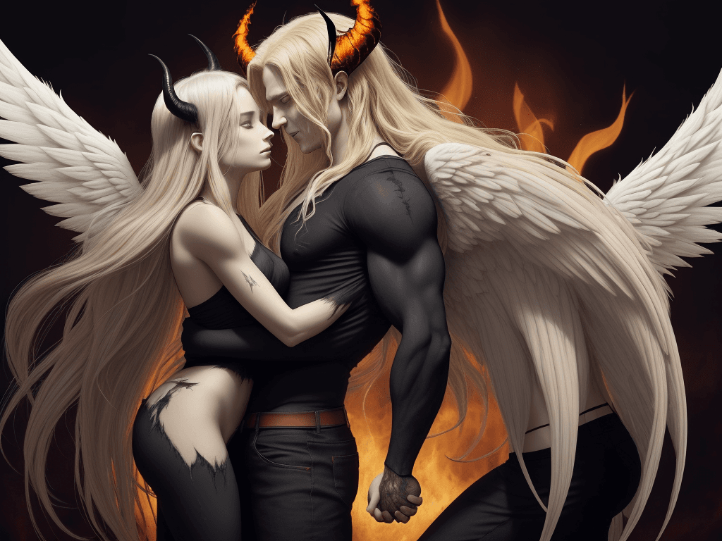 AI generated: a demon and an angel embracing in front of a fiery background. The demon is dark brown with large wi...