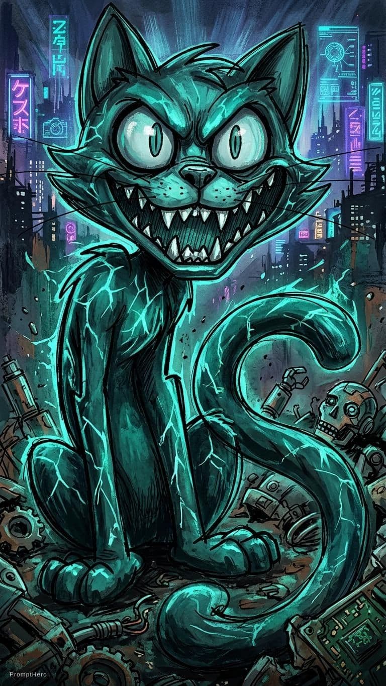 AI generated: Cyberpunk lights in sky theme. Cat and a robots scrap on ground. Teal tones glow around cat. Water p...