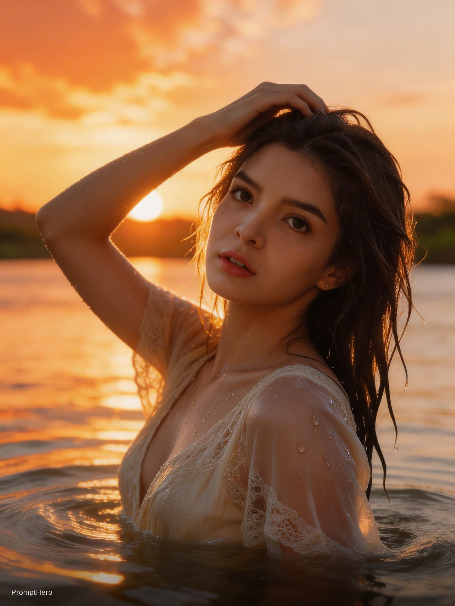 AI generated: The uploaded woman stands by a river. The setting sun, a fiery sunset, golden clouds, and golden rip...