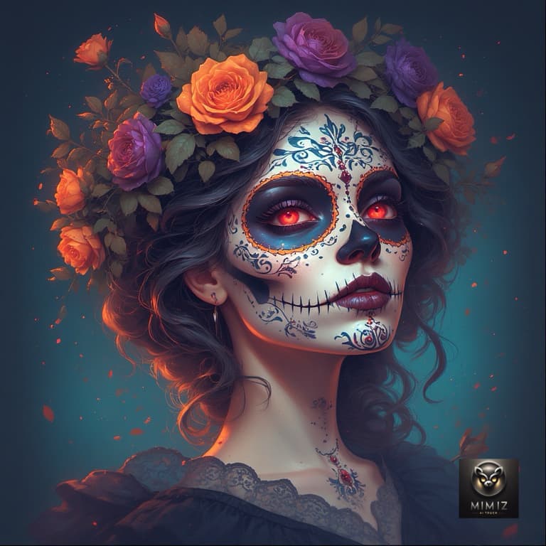 AI generated: Stylized fantasy portrait of a woman with detailed sugar skull face paint, glowing red eyes, ornate ...