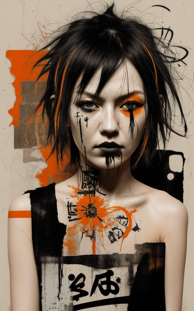 AI generated: caucasian woman, beautiful face, black and orange color tones, wabi-sabi art, abstract , punk collag...