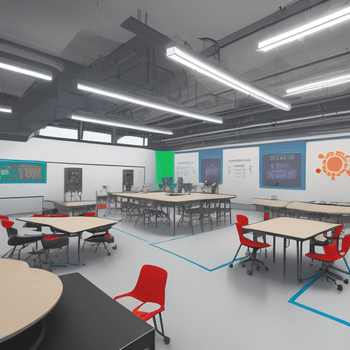 AI generated: create reference images for Futuristic Lab in schools . Robotics . Ai . Ar / vr . 
Drone station . 3...