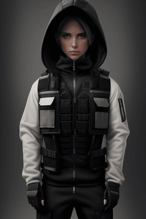 AI generated: bulletproof vest, techwear, hoodie, looking at viewer