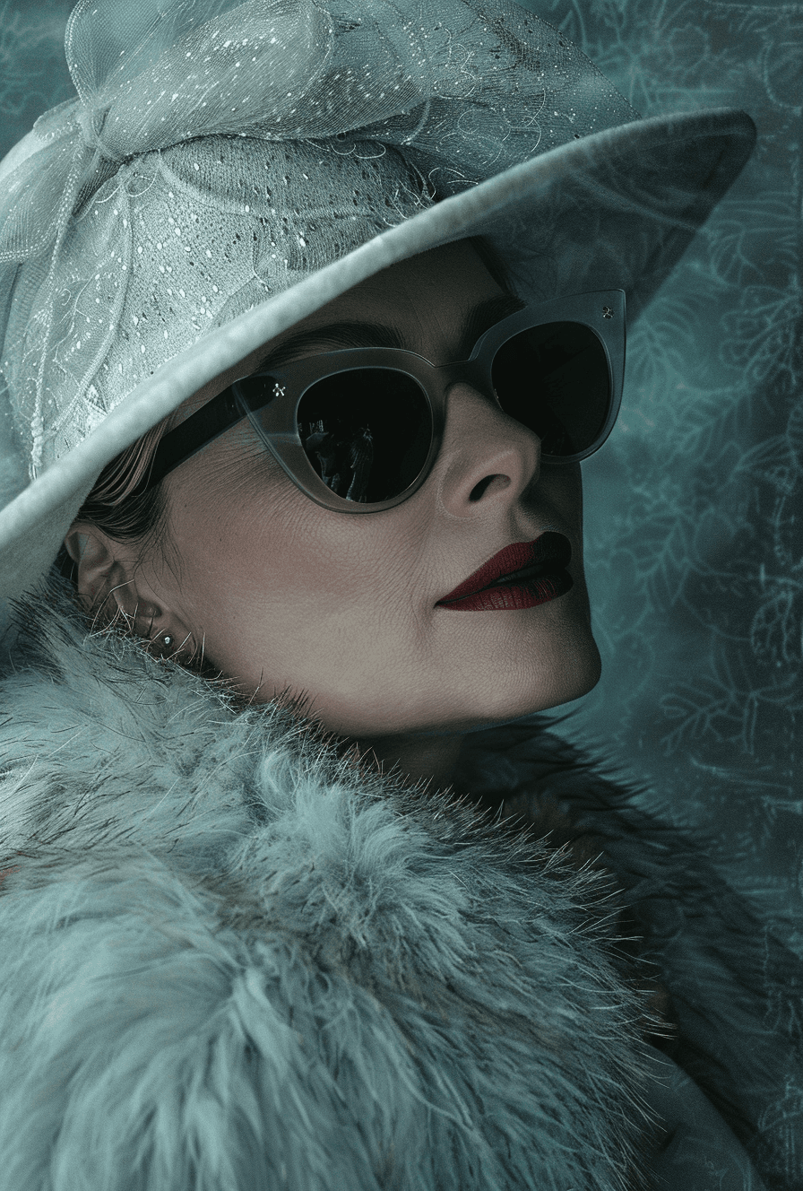 AI generated: a woman in fur with a hat, sunglasses, and white hat, in the style of ray eames, dark gray and light...