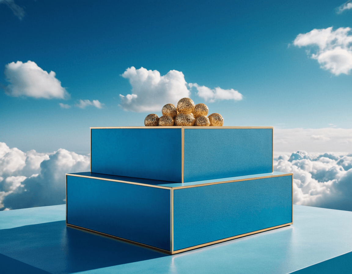 AI generated: Product photography, beautiful blue podium for product, super detalised and fashion, with puffy clou...