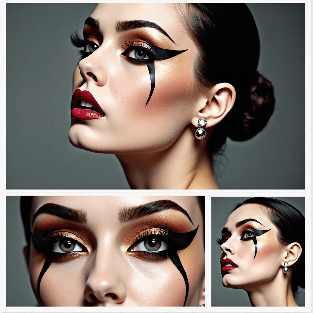 AI generated: Generate a composite image with three panels focusing on a person's face and dramatic eye makeup. To...