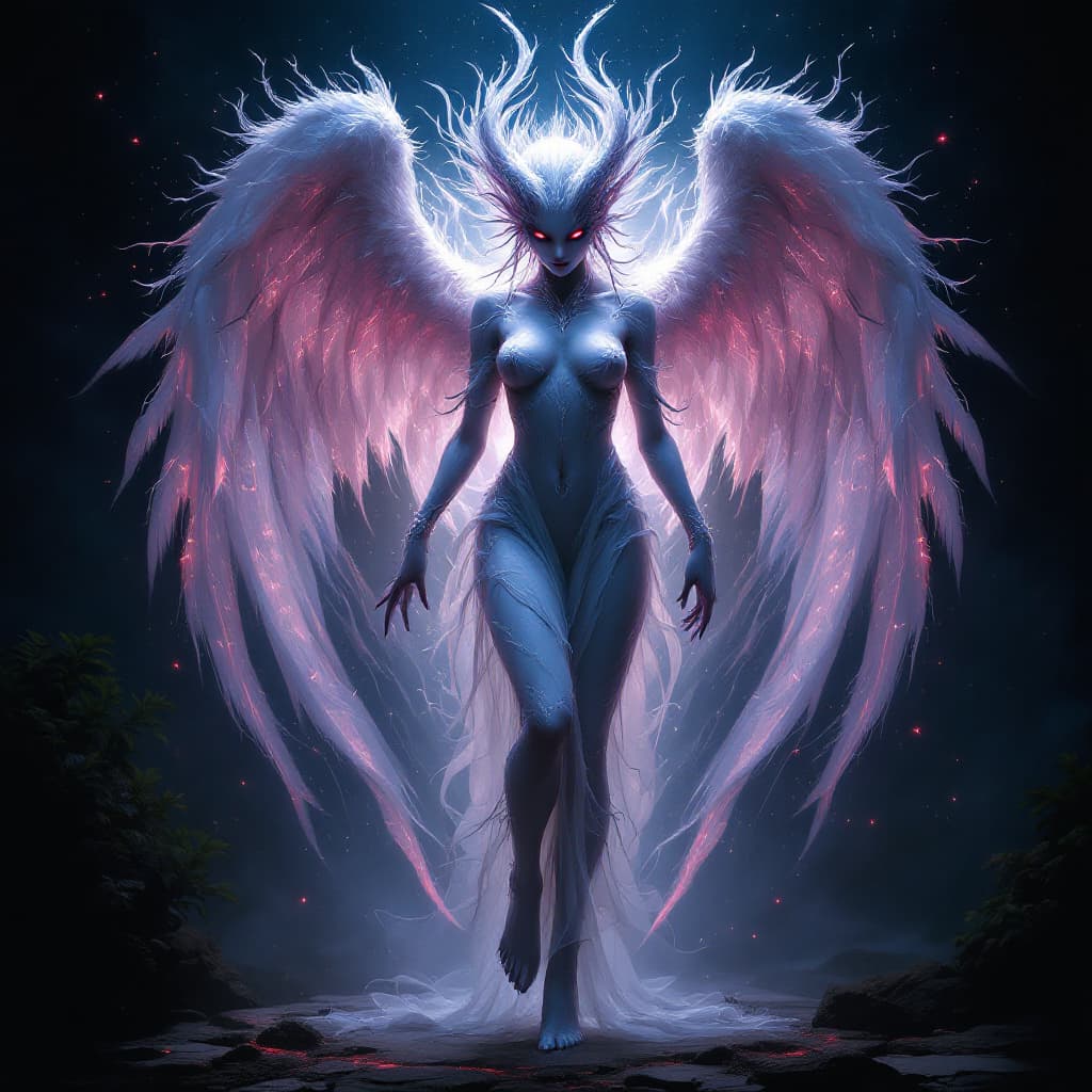 AI generated: black light poster of a intricate portrait of An amazing mythical female angel creature, barefoot, f...
