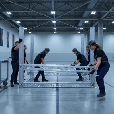 AI generated video: VIDEO 1 — IMAGE 1 → IMAGE 2
Empty Expo Floor → Structural Assembly

SCENE LOCK: static tripod, ident...