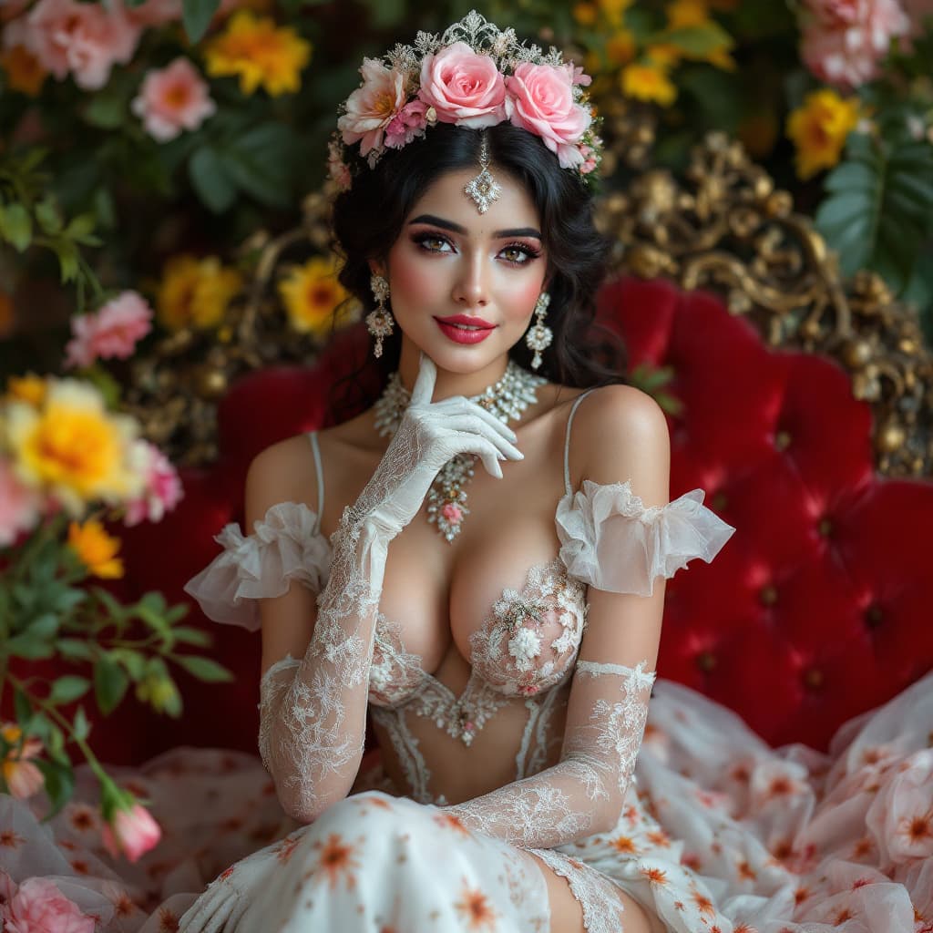 AI generated: beautiful south indian lady ,barock style, latex lingerie,cut out,intricate details,colourful,flower...
