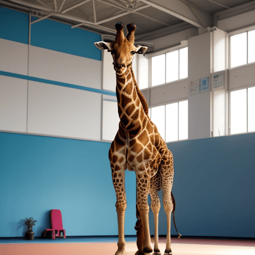 AI generated: 
UNE GIRAFFE DE L'ESPACE EN HABIT DE GYMNASTIQUE BLEU, FAIT DU SQUATT A LA SALLE AVEC BEAUCOUP DE PO...