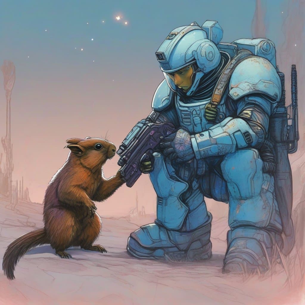AI generated: An illustration of a quirky space marine, with caressing his pet ((a fantastic otherworldly hybrid(s...