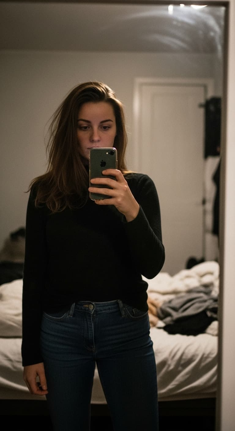 AI generated:  woman stands in front of a mirror, capturing a selfie. The image quality is grainy, with a slight b...