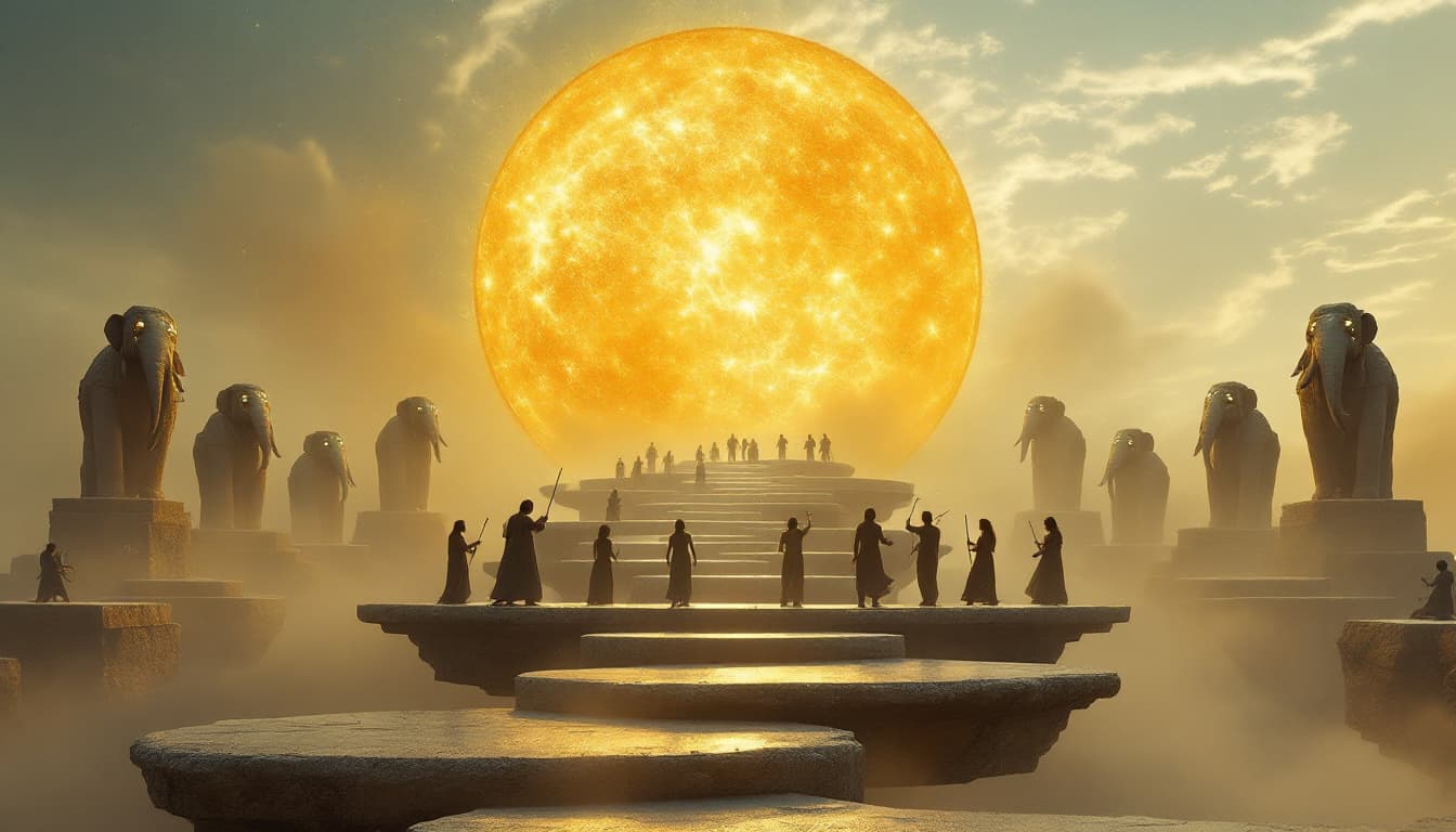 AI generated:  Wide Shot – The Musicians Performing on Floating Monoliths (Cinematic Scope, Gravity-Defying Concep...