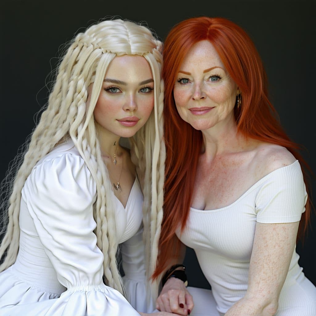 AI generated: Realistic photograph of a blonde (30 years) with an angelic face sitting next to a redhead (30 years...