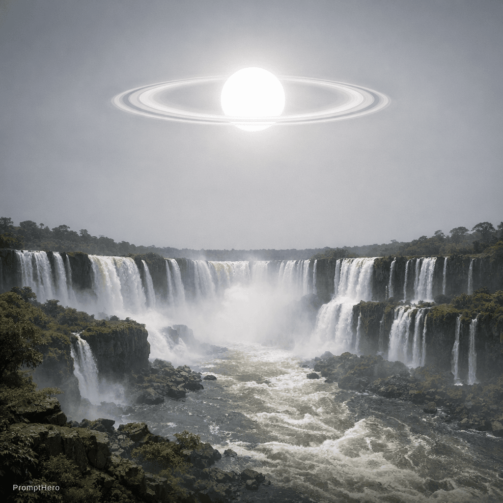 AI generated: a scenic landscape of a massive waterfall like Cataratas del Iguazú but the sky has a more grey colo...