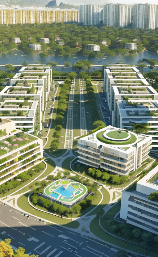 AI generated: a magnificent modern ecotourism village with many different and singular residential buildings desig...